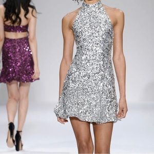 Sherri Hill Sequin High Neck Dress Metallic Silver